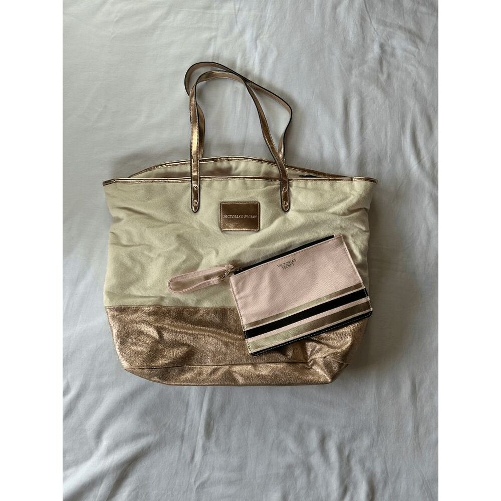 Victoria's Secret Tan/Pink Gold Tote/Travel Bag With Makeup Bag, Zipper, Canvas